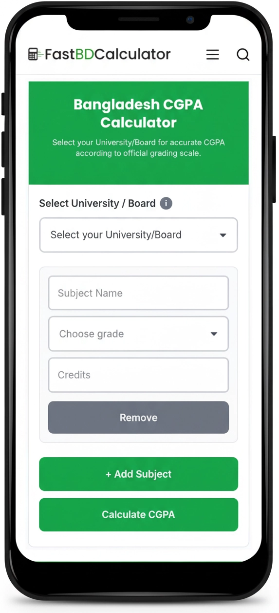 Mobile phone displaying a CGPA calculator Bangladesh with clean, modern interfaces and no background