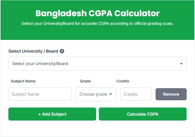 CGPA Calculator Bangladesh showing subject, grade, and credit input fields