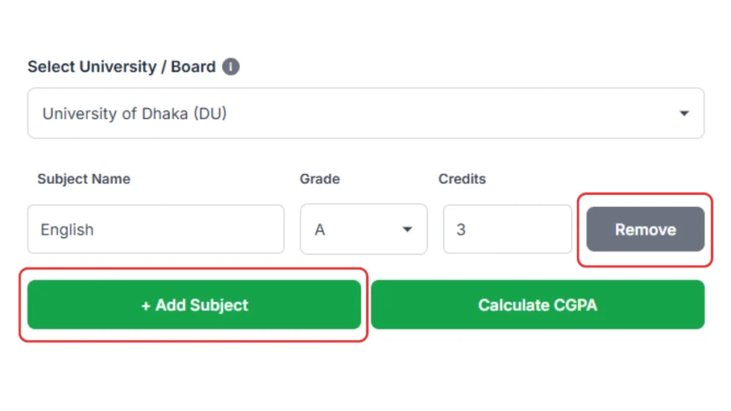 Using the Add Subject and Remove buttons on the CGPA Calculator Bangladesh tool