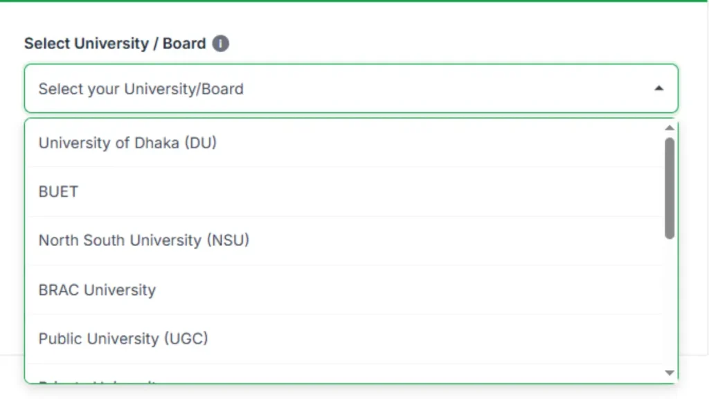Selecting University of Dhaka on CGPA Calculator Bangladesh